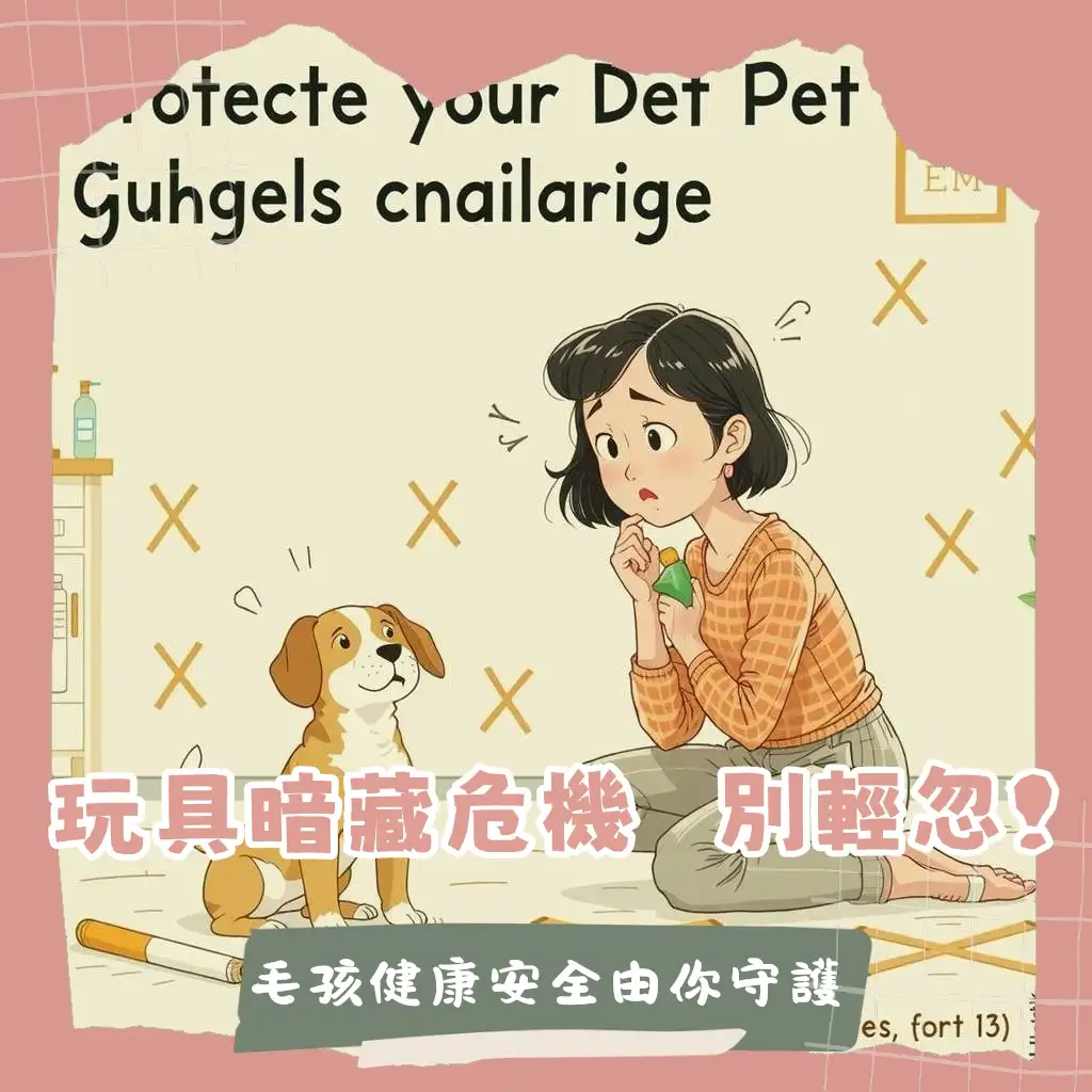 一隻狗狗正好奇地看著一支狗狗玩具香煙，背景是安全玩具。提醒飼主警惕狗狗玩具香煙的潛在危害與尼古丁中毒。
