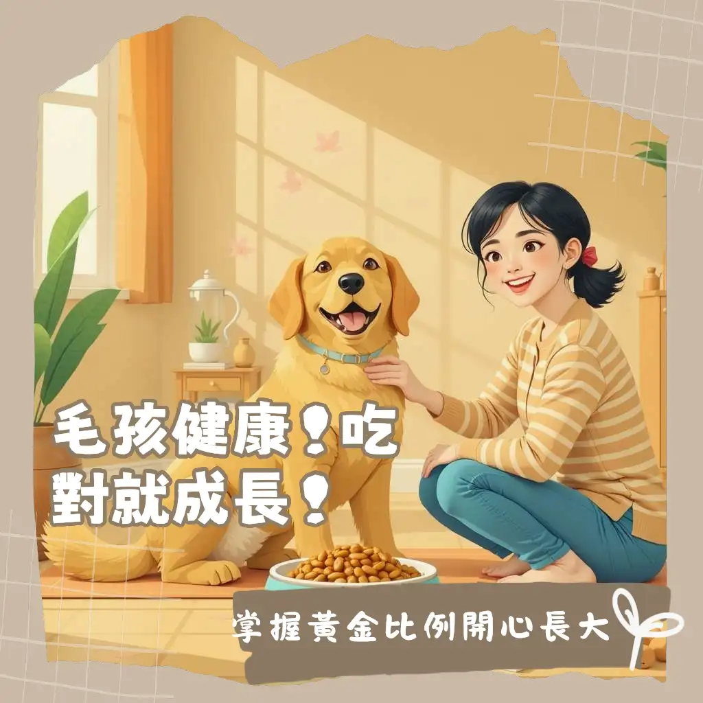 一張活潑狗狗開心享用均衡食物的圖片，搭配狗狗食物比例說明，涵蓋蛋白質、脂肪與碳水化合物等關鍵營養。
