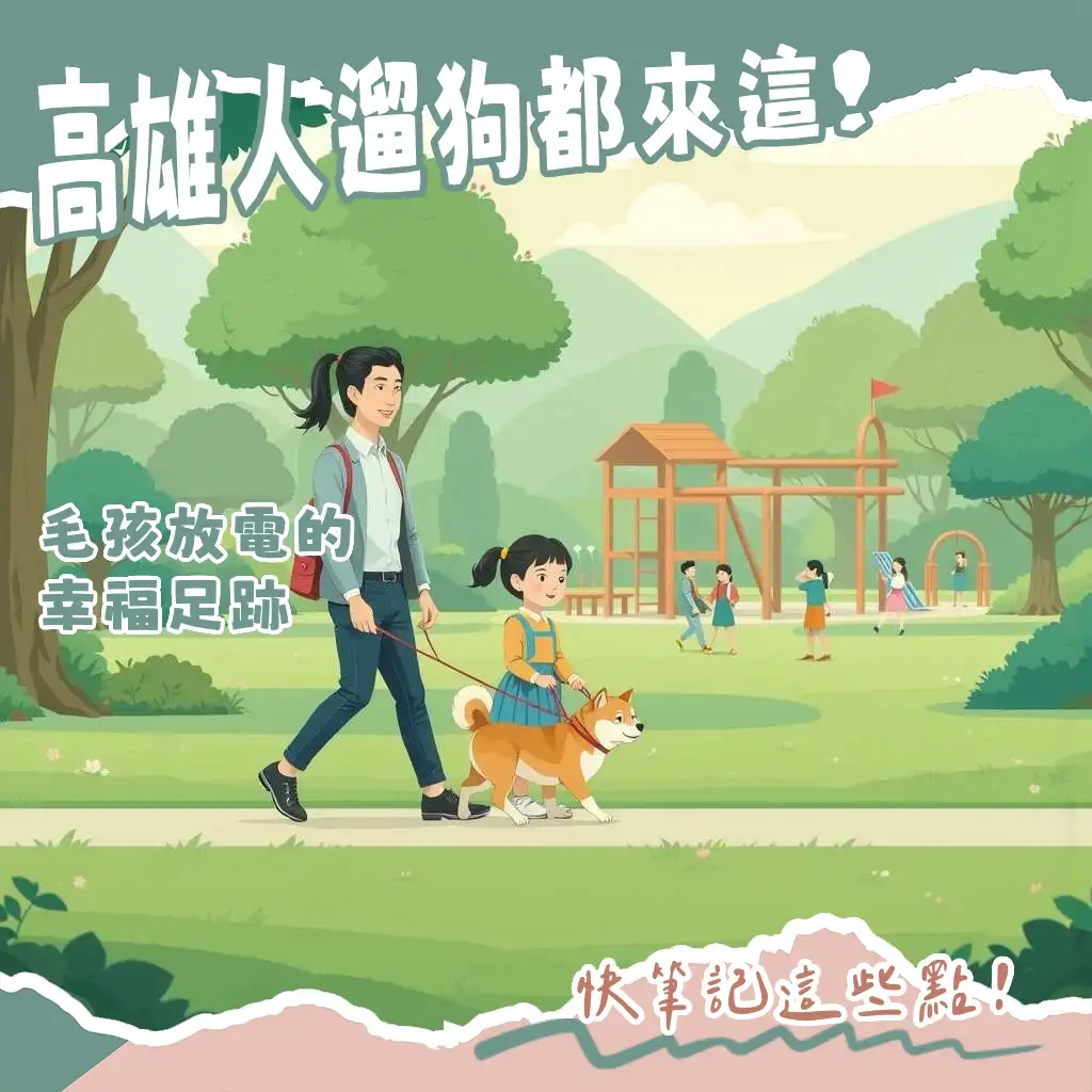 高雄遛狗好去處圖，展示飼主與毛孩在愛河之心寵物公園或衛武營廣闊草坪開心地散步。
