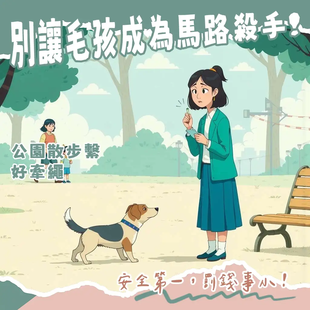 狗狗沒牽繩在公園追逐，飼主應負起法律責任與公共安全，避免走失和潛在危險。