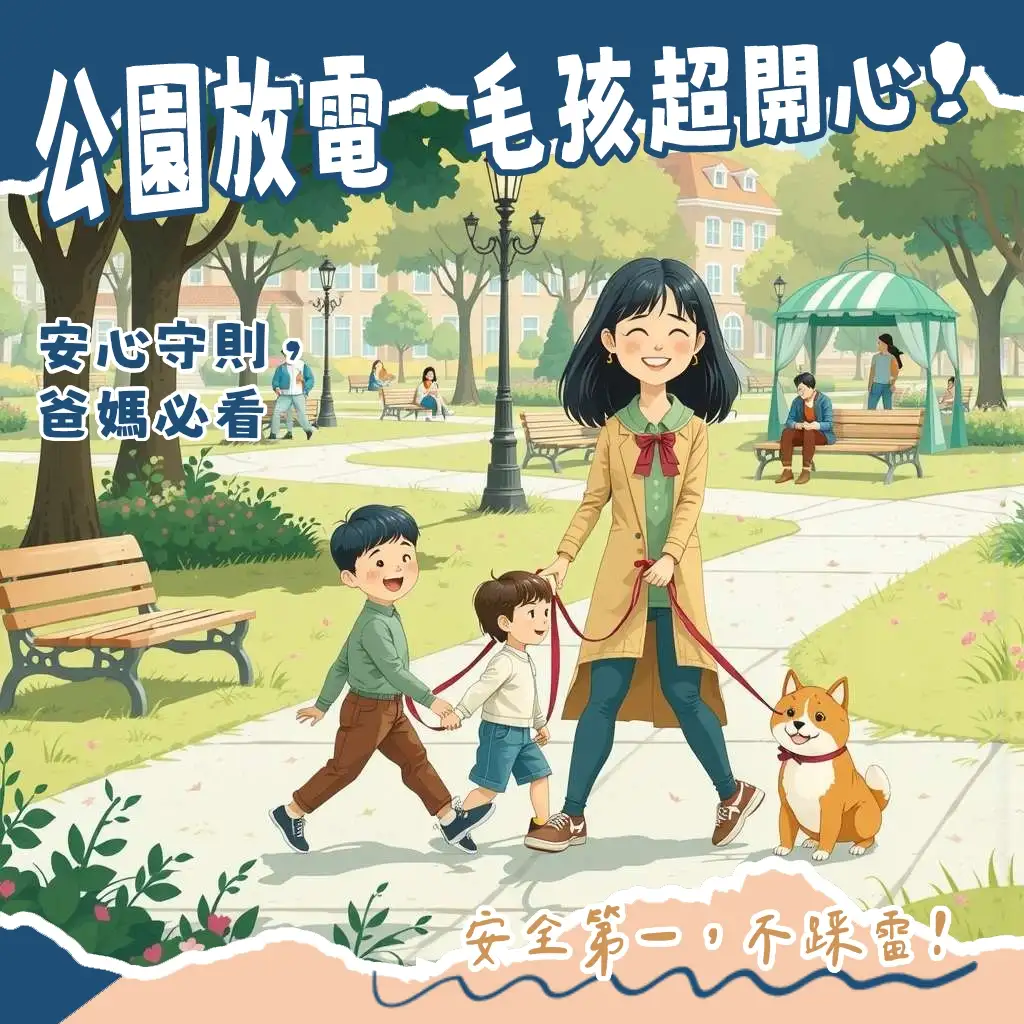 飼主與狗狗在都會公園綠地散步，狗狗繫著牽繩，飼主手持狗便袋，示意遵循公園規定，享受寵物友善的戶外活動，維護公共安全與環境整潔。