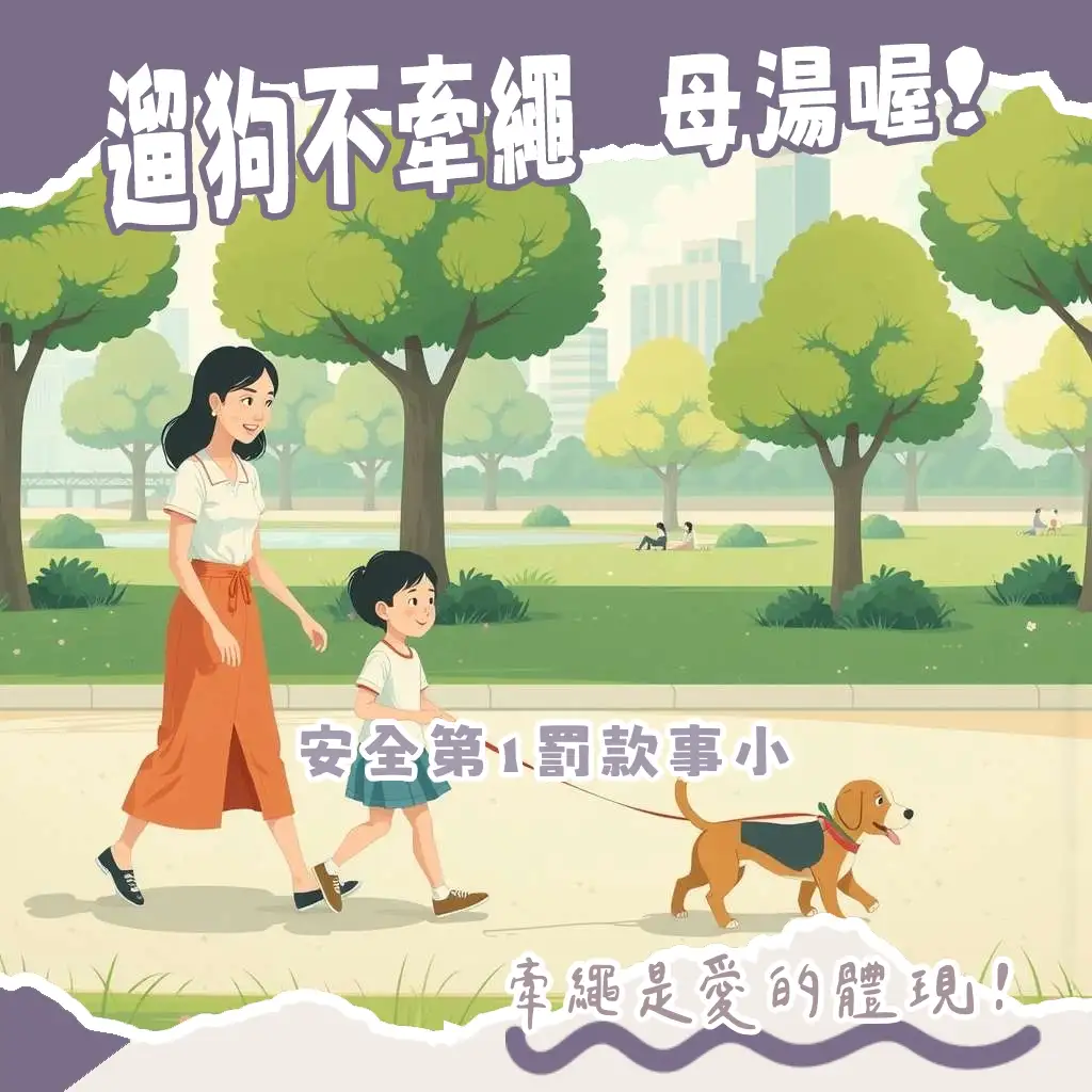 台北遛狗不牽繩規定的示意圖，包含飼主和繫上牽繩的狗狗在公園開心散步的畫面。